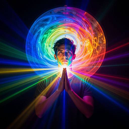 Man Illuminated by Vibrant Color Wheel