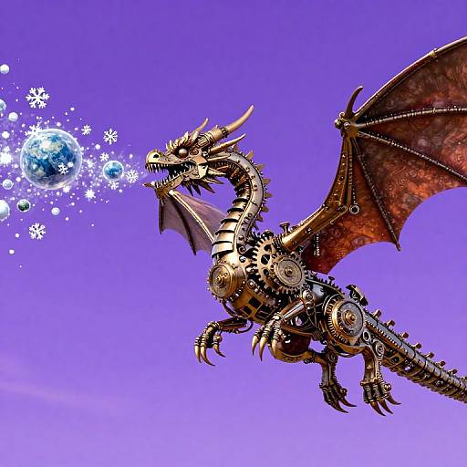 Steampunk dragon with gears and brown wings breathes snowflakes and planets against a vibrant purple sky. Digital art.