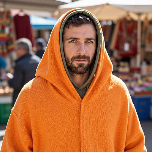 Photograph of a bearded man with dark hair, wearing an orange, knitted hooded robe, standing outdoors at a bustling market.
