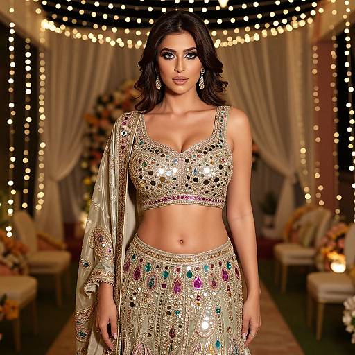 Photograph of a dark-haired woman in a gold, beaded Bollywood-style crop top and matching skirt, with string lights and draped curtains in the background