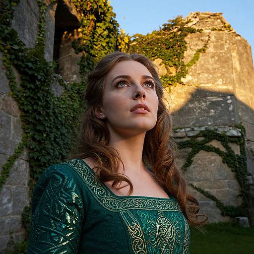 Photograph of a young woman with long brown hair, wearing an ornate green gown, looking upward against a sunlit, ivy-covered stone wall