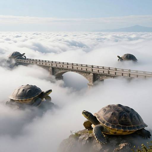 Photograph of three turtles on rocks above a stone bridge, surrounded by a sea of fluffy clouds in a serene, foggy landscape.