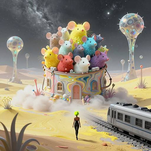 Digital art: Desert scene with colorful, fluffy alien-like creatures in a whimsical, multicolored dome; glowing figure approaches, train on right,