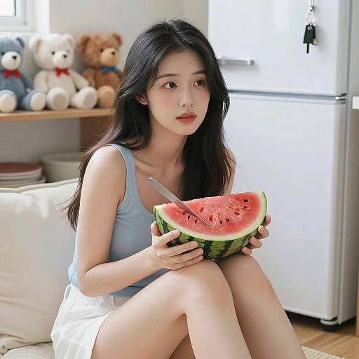Young Woman Enjoying Watermelon in Kitchen