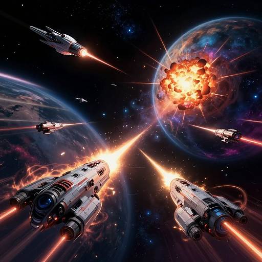 Digital artwork of five space ships firing laser beams at an exploding planet in a starry, dark outer space background.