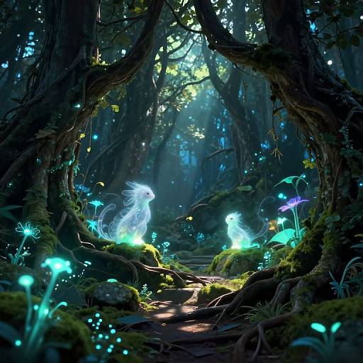 Fantastical forest scene: glowing ethereal creatures, bioluminescent mushrooms, and enchanted pathway framed by dark, twisted trees under moonlit,