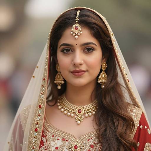 Photograph of a beautiful Indian bride with long dark hair, wearing a red and gold traditional wedding outfit, veil, and ornate jewelry, smiling softly