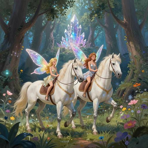 Fairies Riding White Unicorns in Enchanted Forest