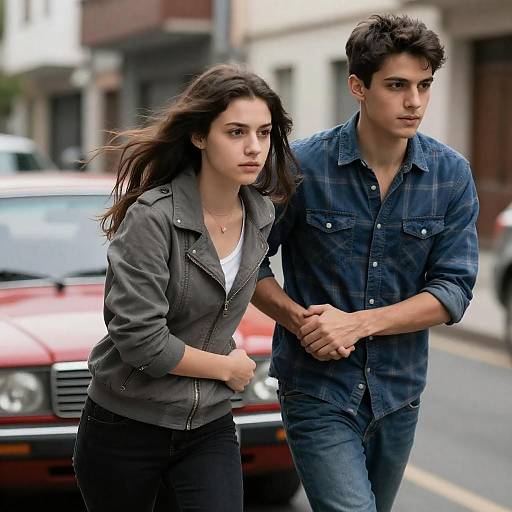 Intense Urban Couple with Red Car