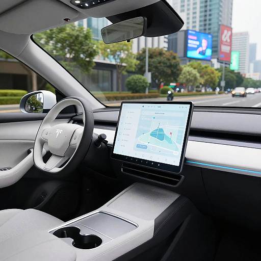 Photograph of modern car interior with white steering wheel, central console, and open laptop displaying navigation screen, overlooking urban street.