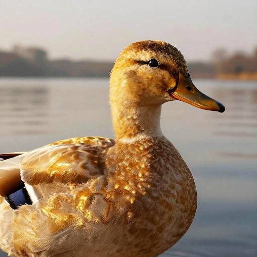 Photograph of a golden-brown duck with speckled feathers, black eyes, and orange beak, standing on a calm lake at sunset.