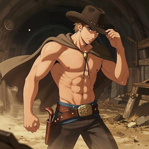 Anime-style drawing of a muscular, shirtless cowboy with a black hat, brown cape, and blue belt, standing in a dusty, dimly-l
