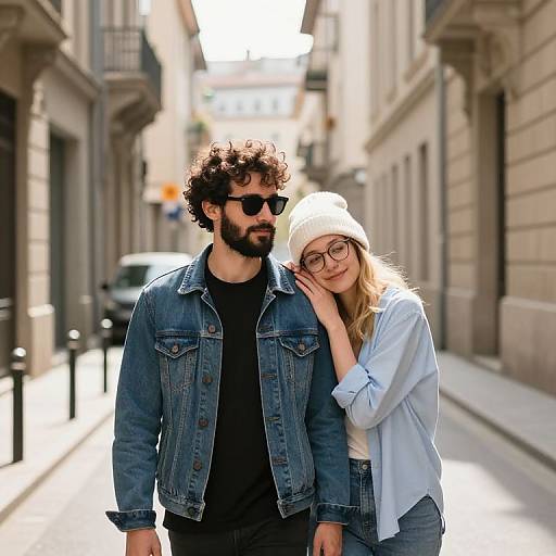Photograph of a bearded man with curly hair and sunglasses, wearing a denim jacket, and a blonde woman with glasses, white beanie, and
