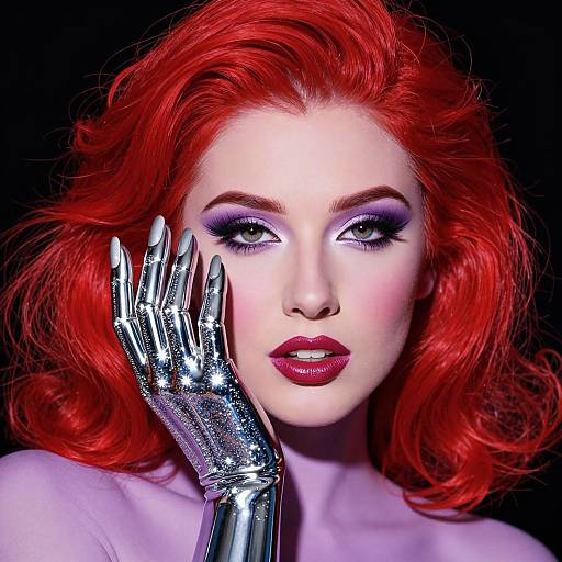 Photograph of a woman with vibrant red hair, metallic silver glove, purple eyeshadow, and red lipstick, against a black background.