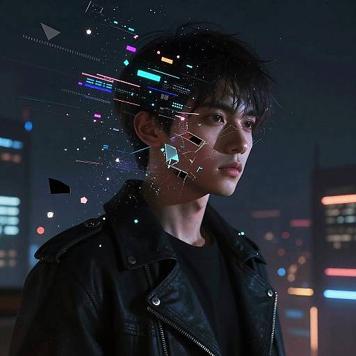 Digital artwork of a young man with dark, messy hair, wearing a black jacket, surrounded by colorful, glowing, geometric patterns in a neon-lit