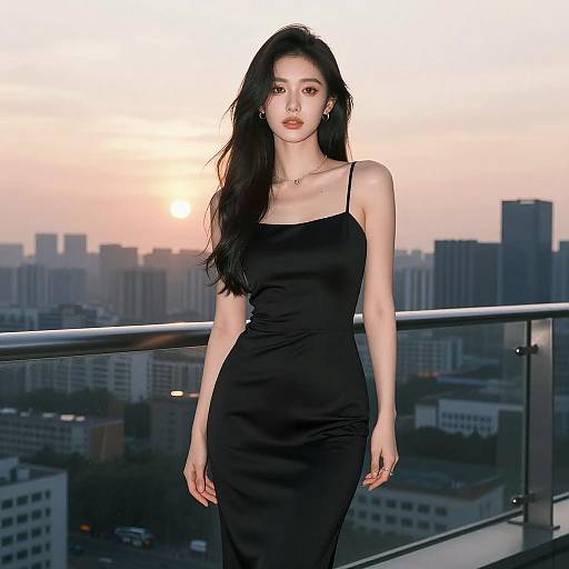 Elegant Woman at Sunset City Balcony