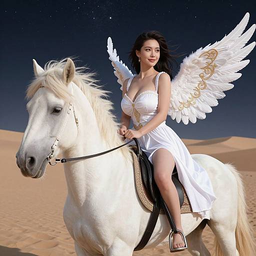 Digital art of a fair-skinned woman with black hair, white dress, and golden-winged angel riding a white horse in a starry desert night