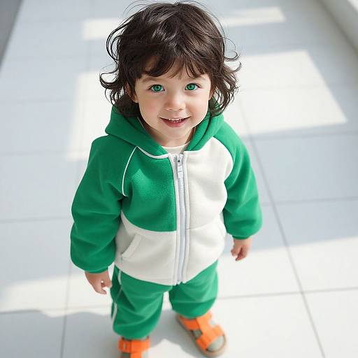 Photograph of a smiling young boy with green eyes, wearing a green and white zip-up onesie, orange shoes, standing on a bright, sun
