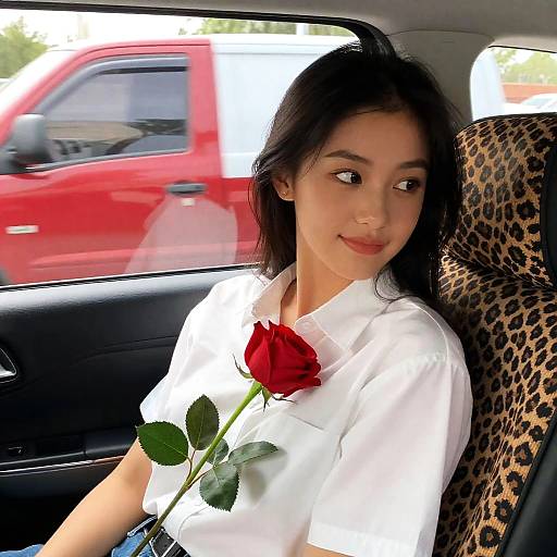 Young Woman in Car with Rose Shirt