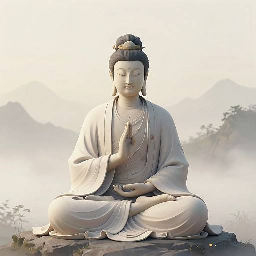 Photograph of a serene, white stone Buddha statue with closed eyes, right hand in prayer, left hand in lotus position, wearing traditional robes,