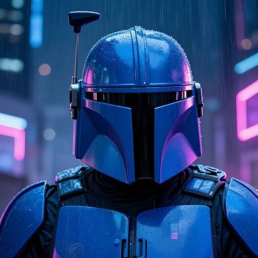 Photorealistic digital artwork of a blue, rain-soaked Mandalorian helmet with neon pink and blue highlights, standing in a neon-lit cityscape