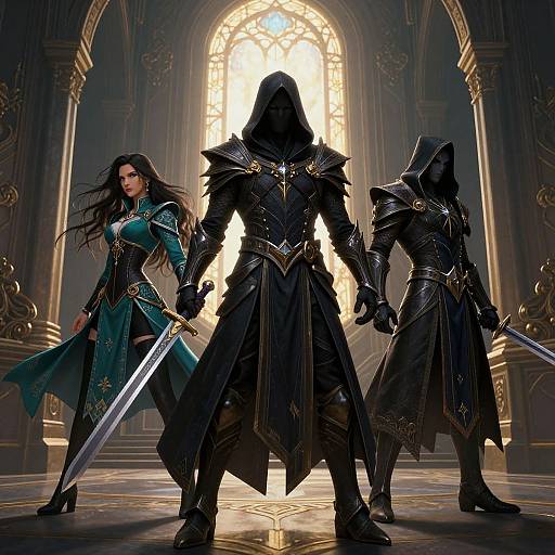 Digital art of a dark-hooded warrior flanked by a black-clad woman with long hair and a sword, in a grand, sunlit