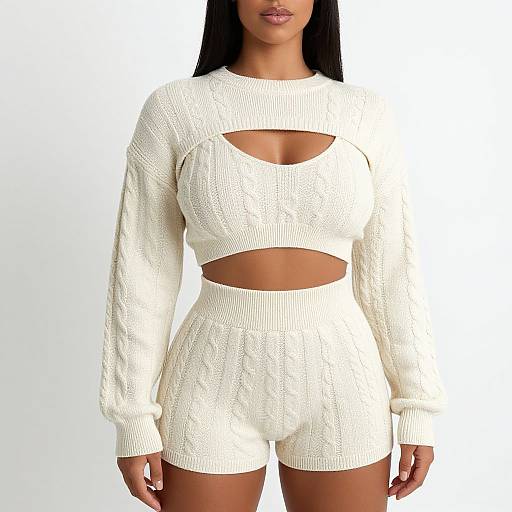 Photograph of a woman with dark skin wearing a white, knit crop top and high-waisted shorts with cutouts, against a plain white background