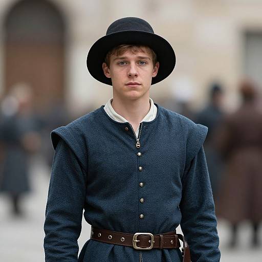 Photograph of a young Caucasian man with fair skin and short brown hair, wearing a black hat, dark blue Renaissance-style shirt, brown belt, and