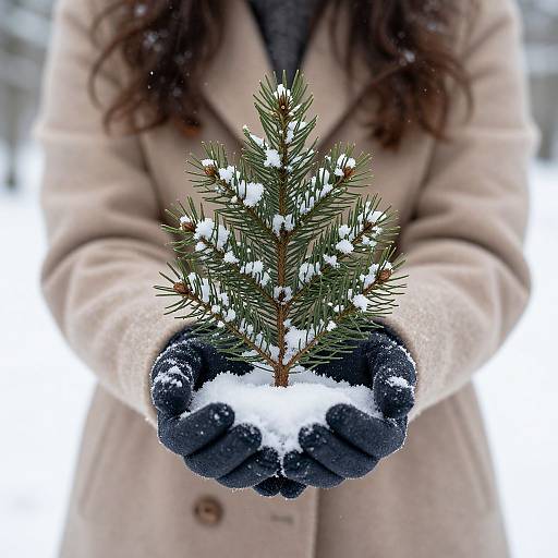 Photograph of a person with brown hair, wearing a beige coat and black gloves, holding a small snow-covered pine tree. Snowy, blurred background