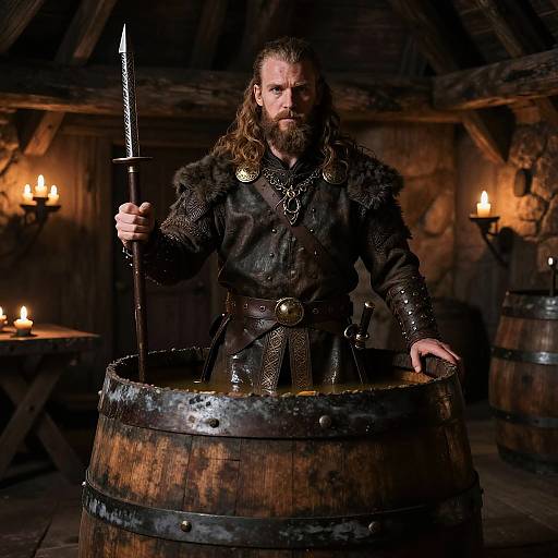 Rugged Viking Warrior in Mead Barrel