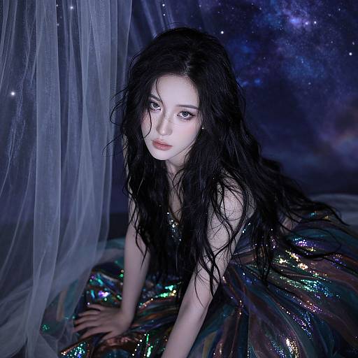 Photograph of a pale-skinned, dark-haired woman with intense eyes, wearing a shimmering, iridescent dress, kneeling against a starry
