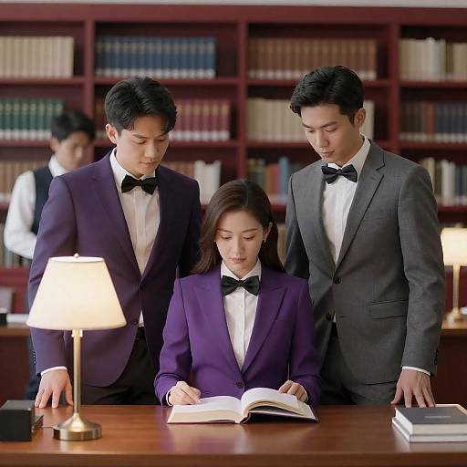 Three professionals reading in library