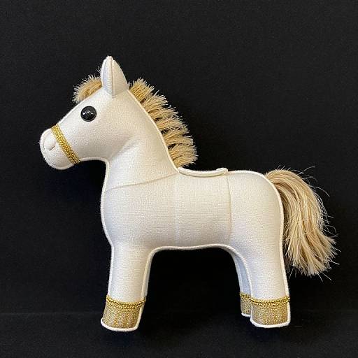 Photograph of a white, plush, toy horse with a blonde mane and tail, gold accents, and black eyes, set against a black background.