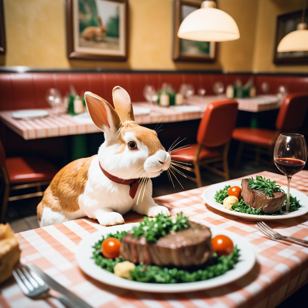 Whimsical Rabbit Dining on Steak