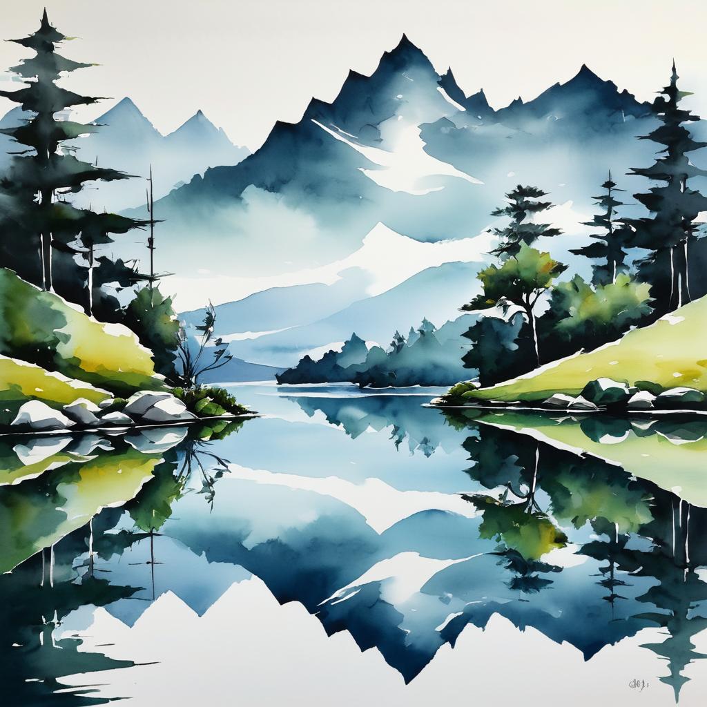 Tranquil Lake and Mountain Ink Landscape