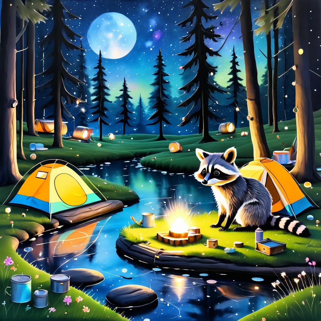 Playful Raccoon at a Moonlit Campsite