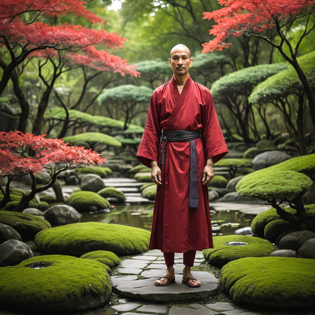 Monk in Crimson Dress in Zen Garden