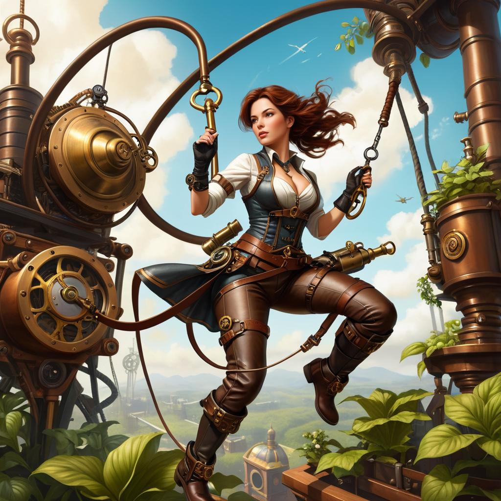 Fearless Steampunk Female Inventor in Action