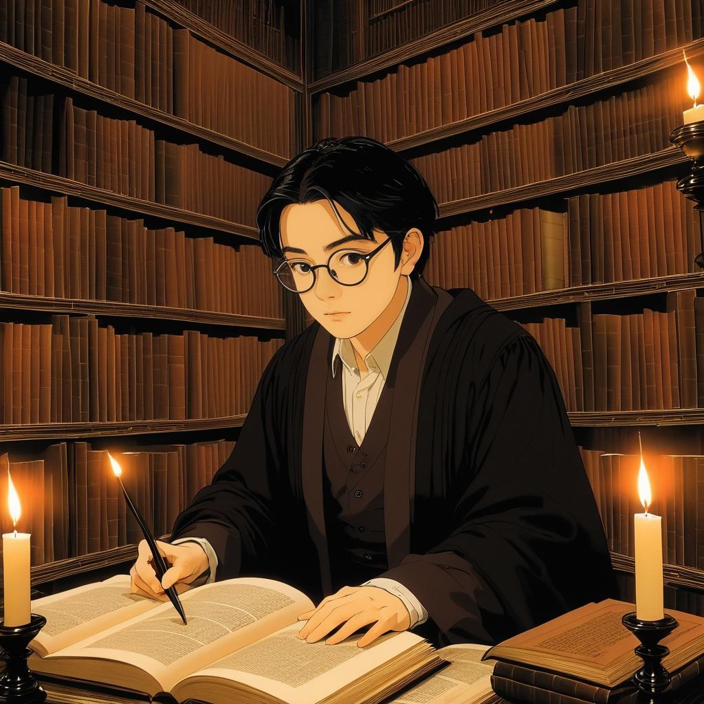 Haunted Scholar in Ancient Whispering Library