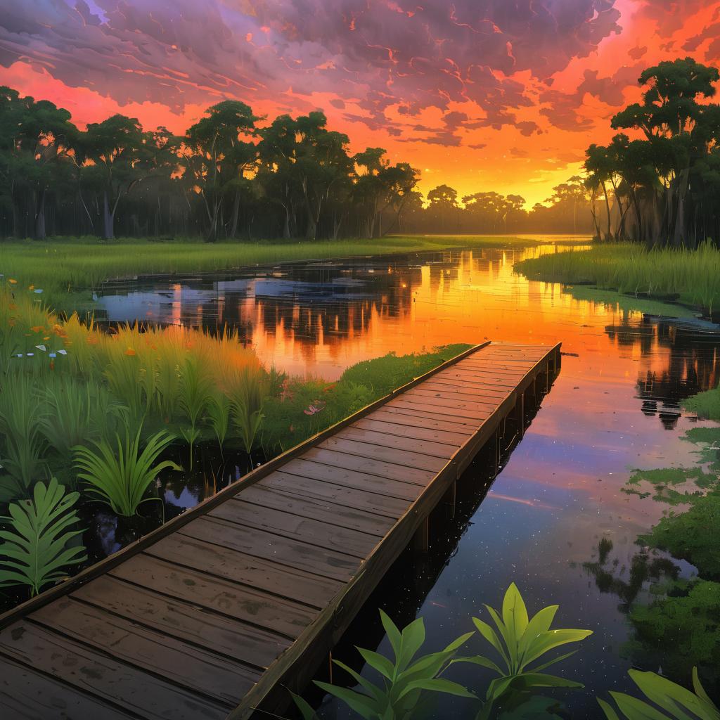 Summer Sunset Over Diverse Wetland Boardwalk