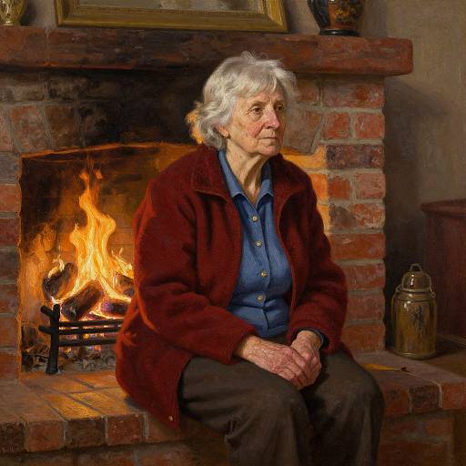 Photograph of an elderly woman with white hair, wearing a red cardigan and blue shirt, sitting by a warmly lit brick fireplace.