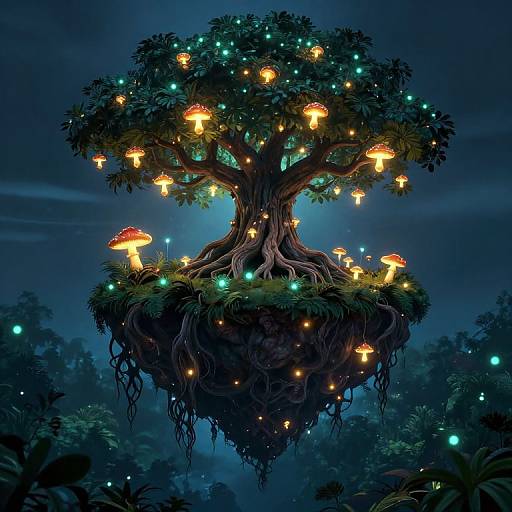 Digital artwork of a glowing, floating tree adorned with luminescent mushrooms and fireflies, set against a dark, mystical forest night sky.
