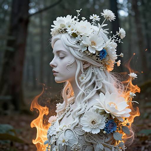 Digital artwork of a white-skinned, ethereal woman with flowing white hair, floral crown, and dress, surrounded by flames in a dark forest.