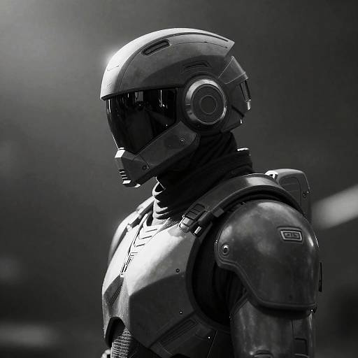 Futuristic Armored Figure in Monochrome