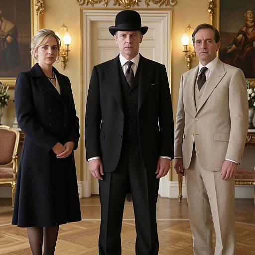 Photograph of three serious adults in formal attire: blonde woman in black coat and skirt, man in black suit and hat, man in beige suit,