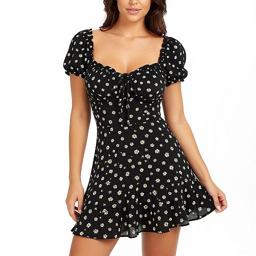 Photograph of a woman with light skin, wearing a black, short-sleeved, floral-patterned dress with a sweetheart neckline and a flared