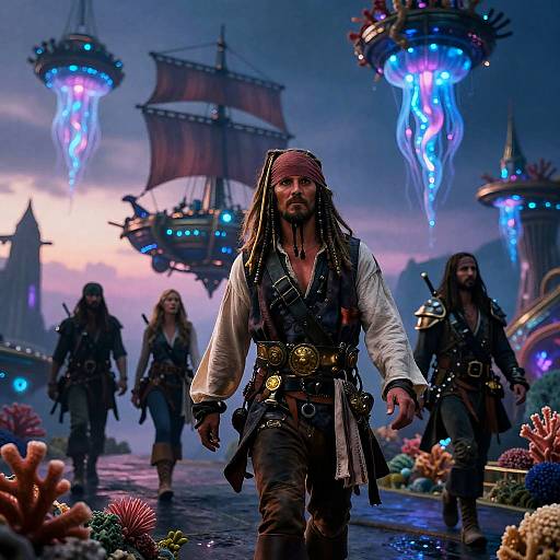 Sky-Sailor Captain Leading Adventurers in Coral Metropolis