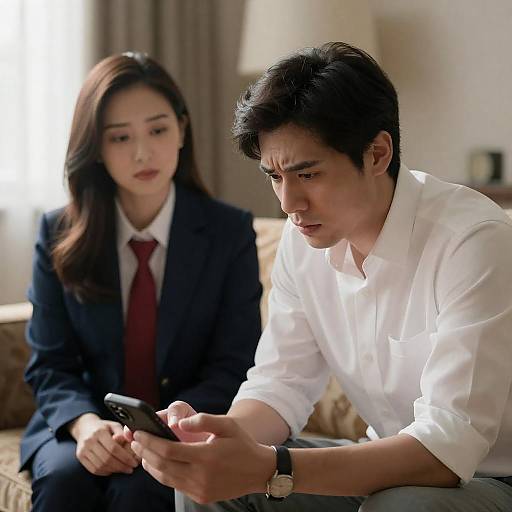 Concerned man looking at phone with woman in background