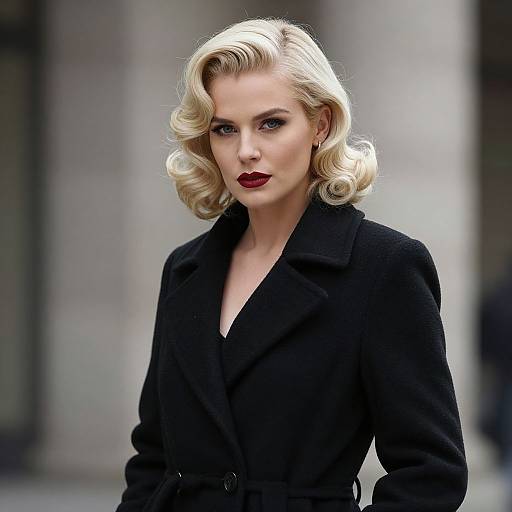 Photograph of a blonde woman with vintage curled hair, wearing a black coat and dark red lipstick, standing in a blurred urban background.