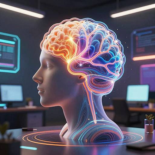 Digital artwork of a glowing, neon-lit human head with intricate, colorful brain patterns in a futuristic, dark office setting.